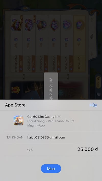 Giao diện xác nhận thanh toán gói nạp Cloud Song của iPhone