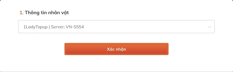 Chọn nhân vật muốn nạp Kim Cương Cloud Song: Vân Hành Chi Ca trên website