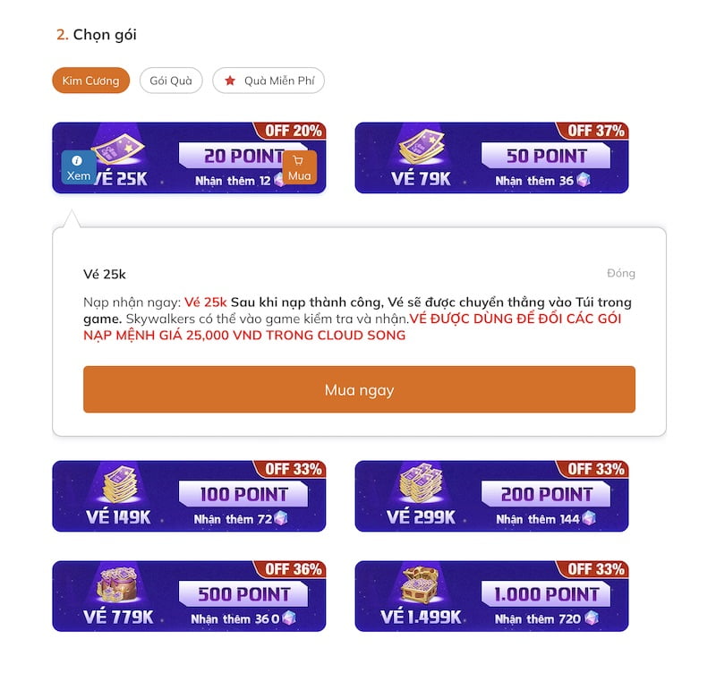 Gói nạp Kim Cương Cloud Song trên website