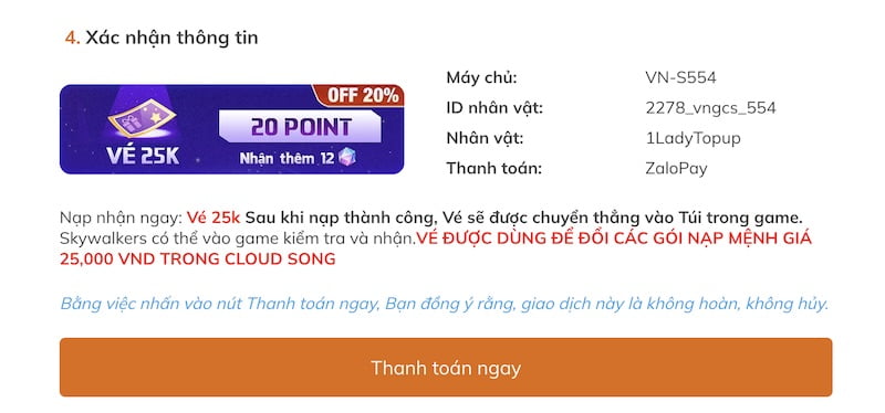 Xác nhận thông tin giao dịch mua Kim Cương Cloud Song: Vân Hành Chi Ca VNG