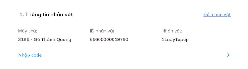 Thông tin nhân vật Gunny Origin khi đăng nhập trên website