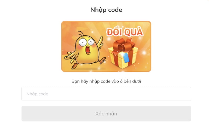 Giao diện điền giftcode trên website