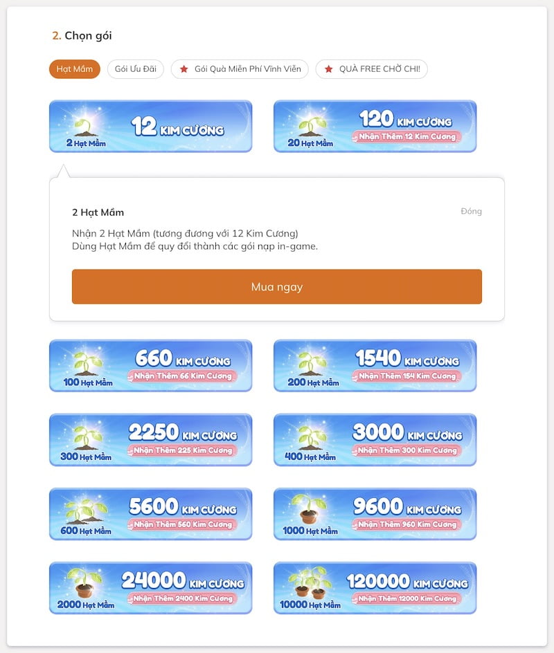 Bảng giá nạp Kim Cương Hello Café VNG trên website