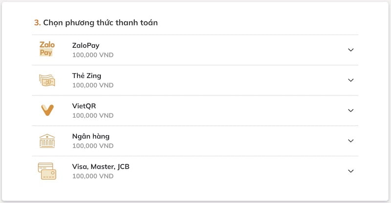 Các phương thức thanh toán khi nạp trên website