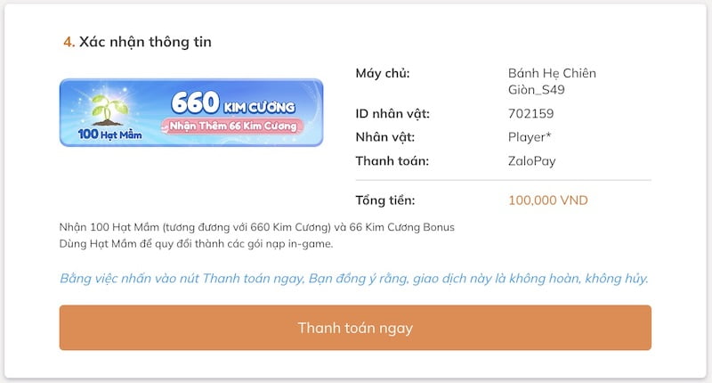 Xác nhận thông tin mua Kim Cương