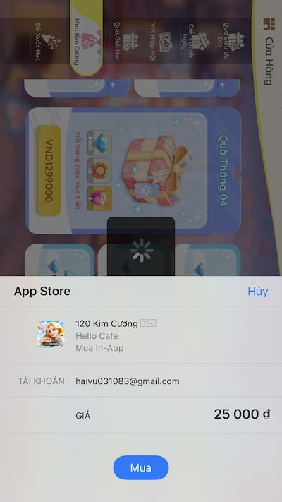 AppStore xác nhận mua gói nạp kim cương trên ứng dụng trò chơi Hello Café VNG.