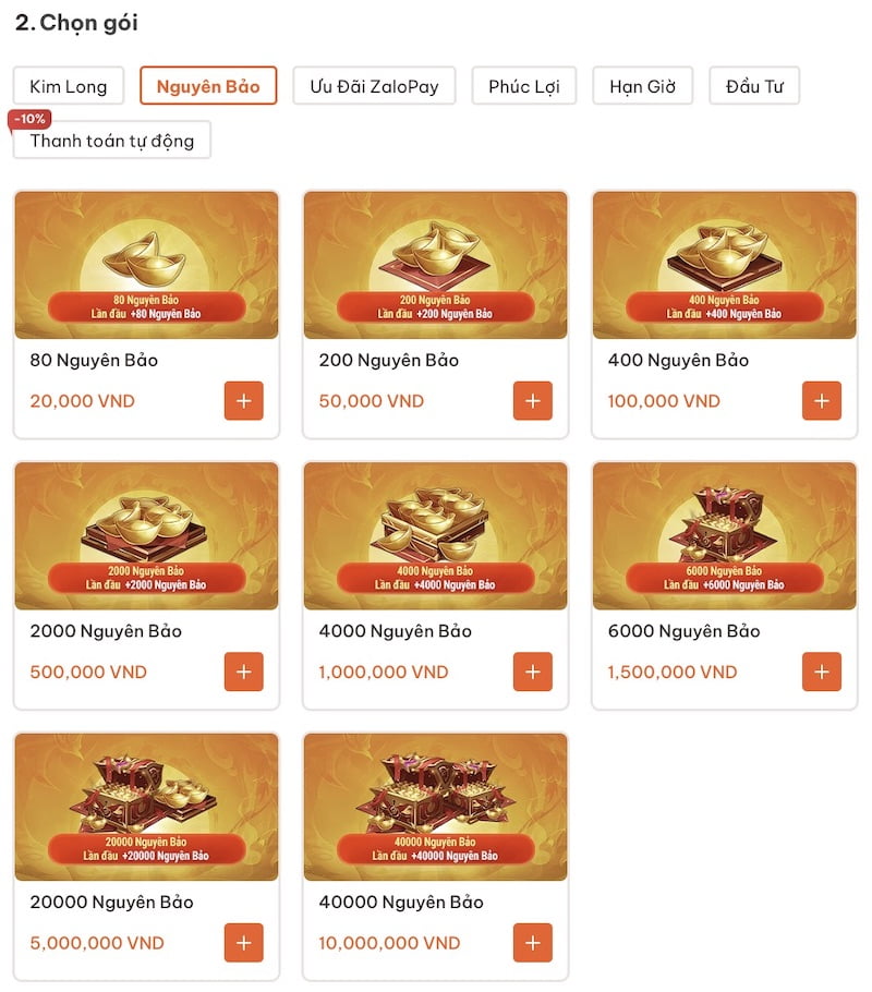 Bảng giá nạp nguyên bảo Kiếm Thế Origintrên website