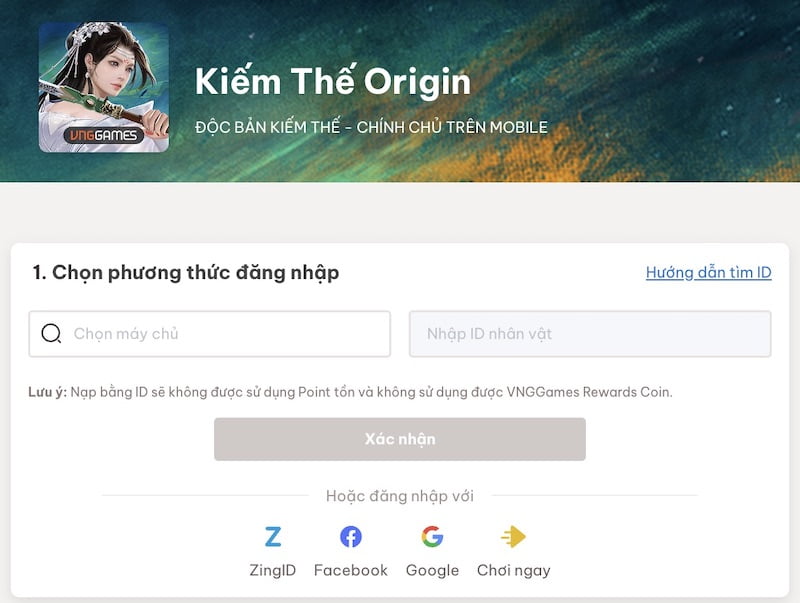 Giao diện website nạp Nguyên Bảo Kiếm Thế Origin