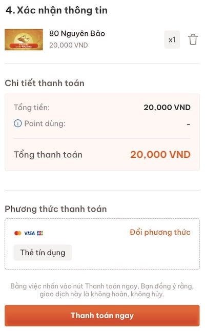 Thông tin chi tiết thanh toán gói nạp nguyên bảo mà bạn chọn