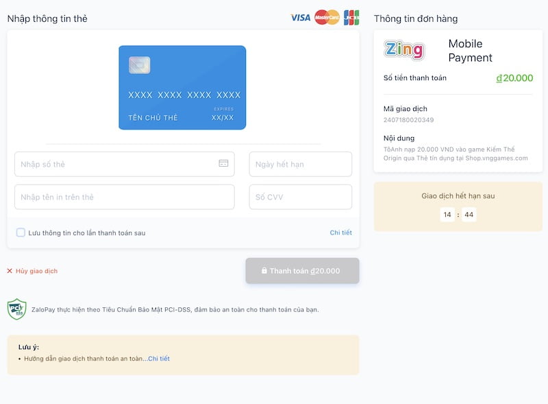 Nhập thông tin thẻ của phương thức thanh toán Visa, Master, JCB