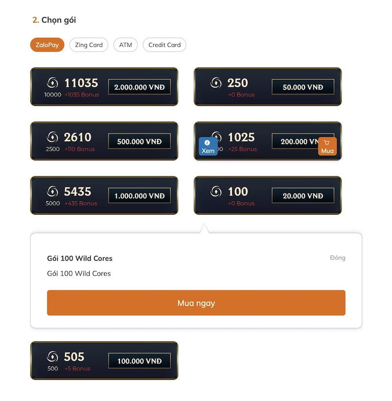 Thông tin và giá các gói nạp Wild Core trên website
