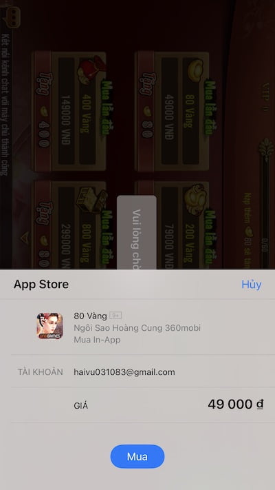 Xác nhận mua gói nạp vàng trong Ngôi Sao Hoàng Cung trên iPhone