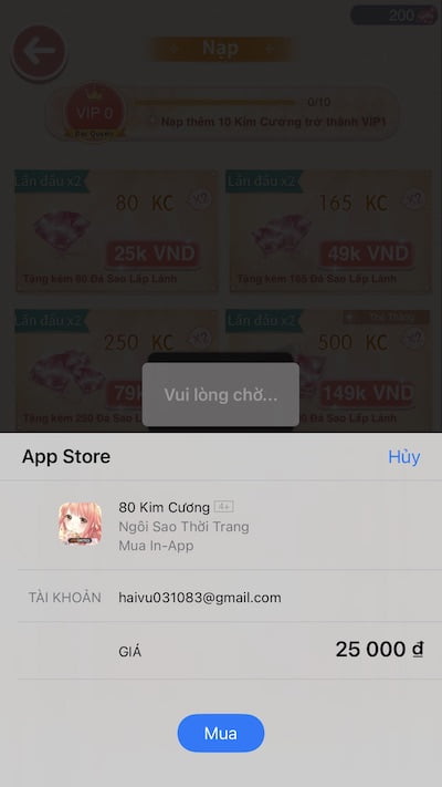 Xác nhận mua gói nạp kim cương Ngôi Sao Thời Trang trên iPhone