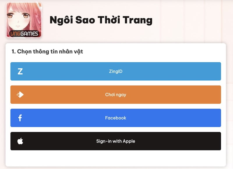 Chọn phương thức đăng nhập Ngôi Sao Thời Trang VNG
