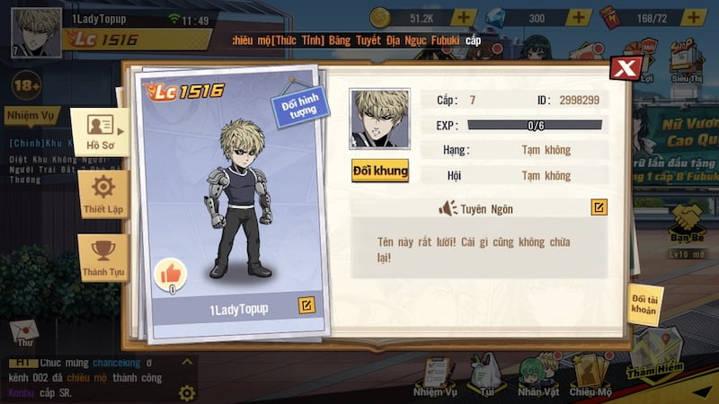 Giao diện hồ sơ nhân vật trong game One Punch Man