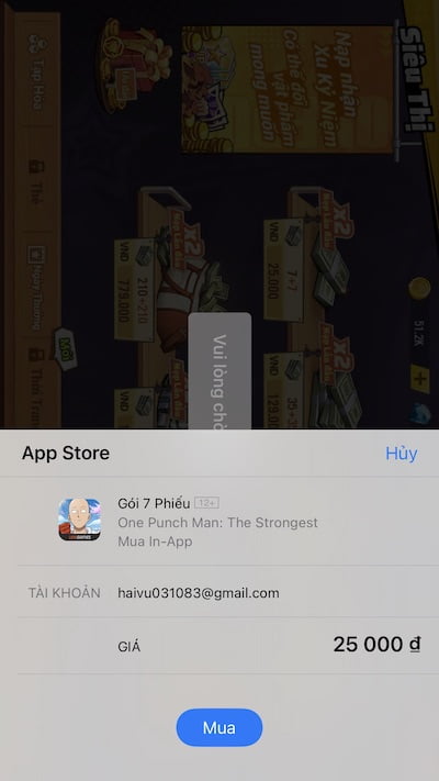 Xác nhận mua gói nạp phiếu Ona Punch Man trên iPhone