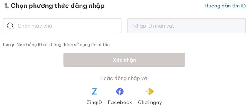 Chọn phương thức đăng nhập trên website nạp phiếu