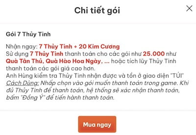 Thông tin gói nạp thủy tinh trên website nạp One Punch Man VNG