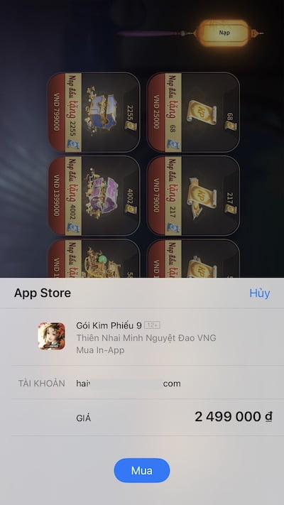 Xác nhận mua gói Kim Phiều trên iPhone