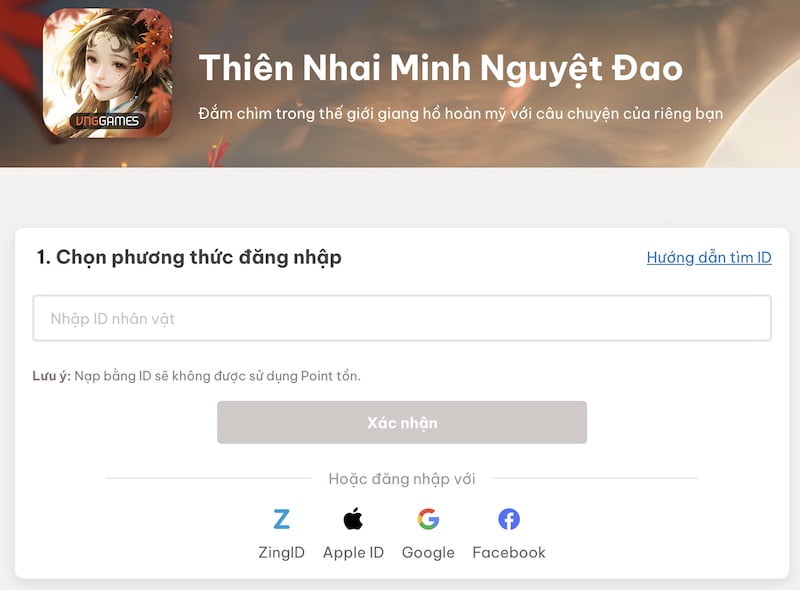 Giao diện trang nạp kim phiếu game Thiên Nhai Minh Nguyệt Đao VNG