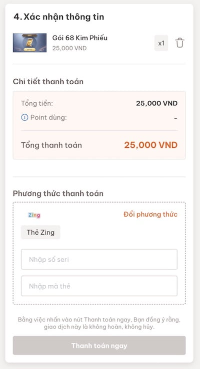 Giao diện xác nhận thông tin khi nạp kim phiếu