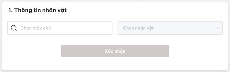 Chọn thông tin nhân vật khi nạp KNB trên website