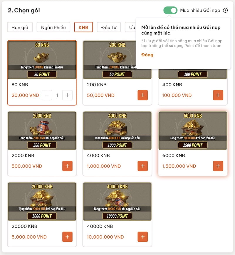 Các gói nạp của trò chơi Võ Lâm Truyền Kỳ 1 Mobile VNG trên website