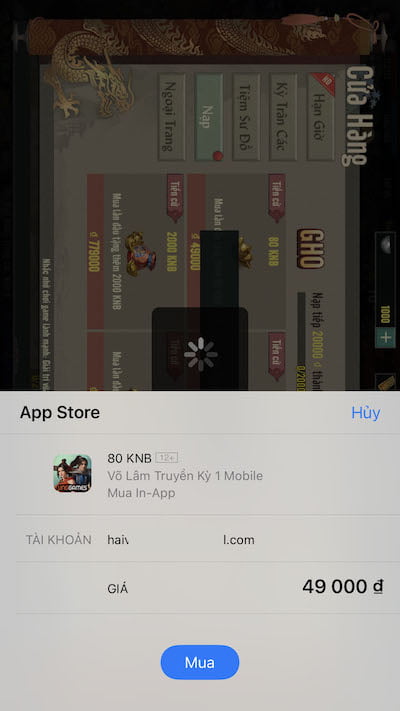 Giao diện xác nhận mua gói nạp VLTK1M